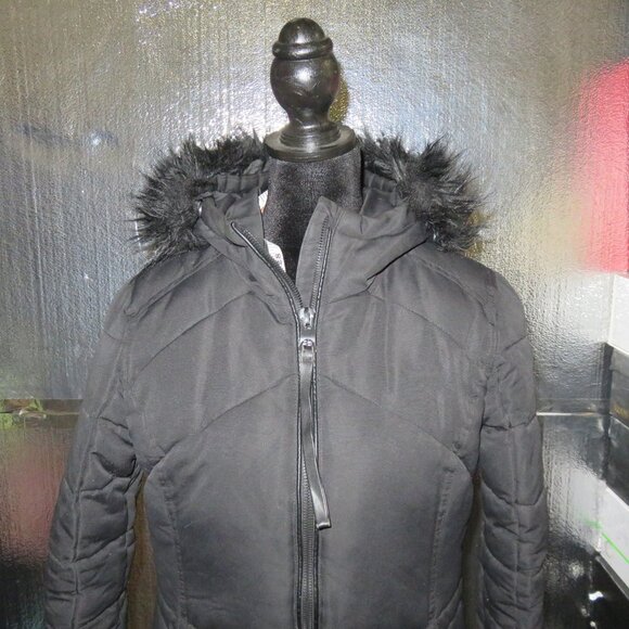 GUESS Fur Lined Hooded Down Long Winter Puffer Jacket Black Small Petite - Picture 4 of 10